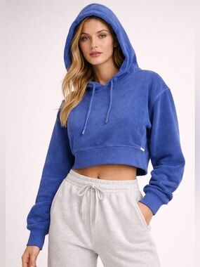 Adore Me Women’s Blue Fleece Pullover Cropped Hoodie Size LG NWT